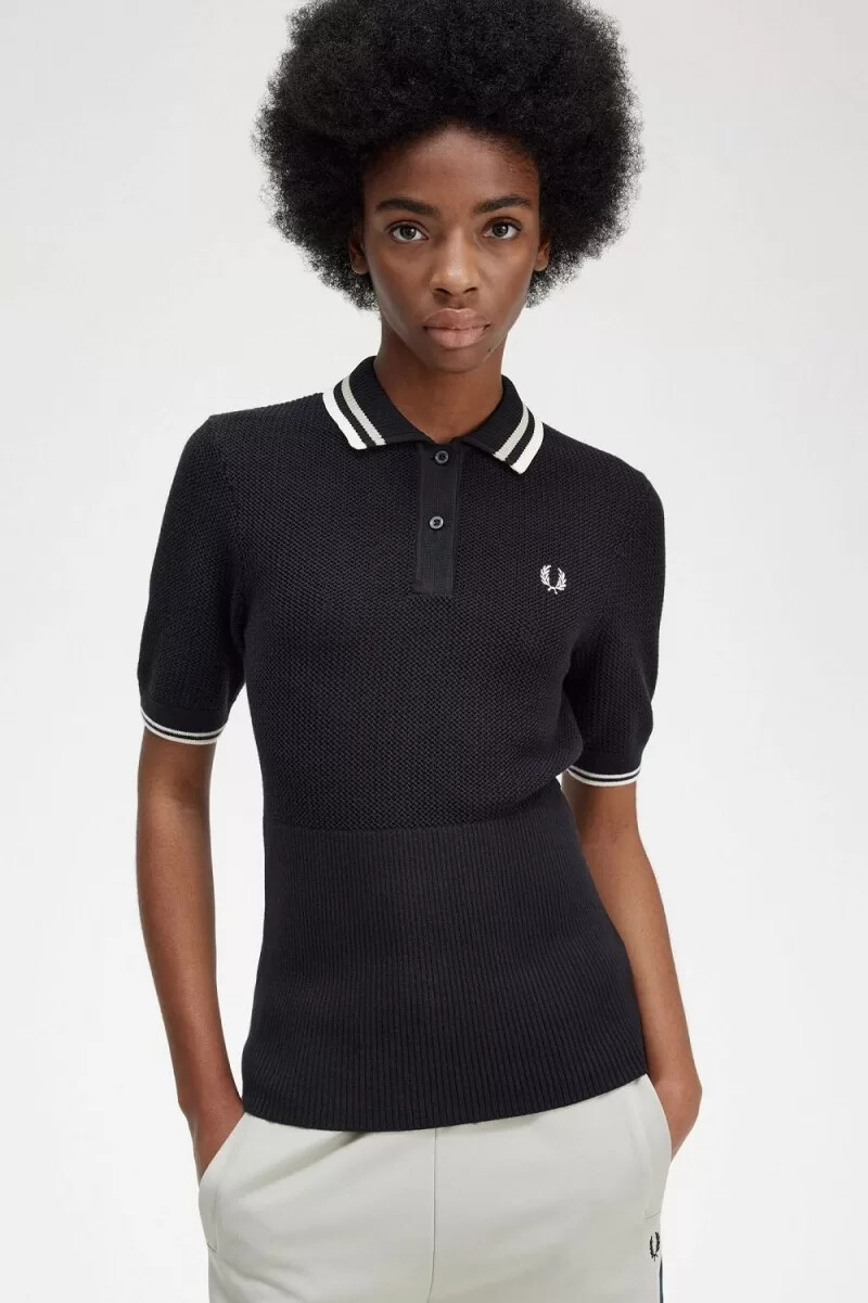 fred perry damenhemd mit offenem strickmuster schwarz