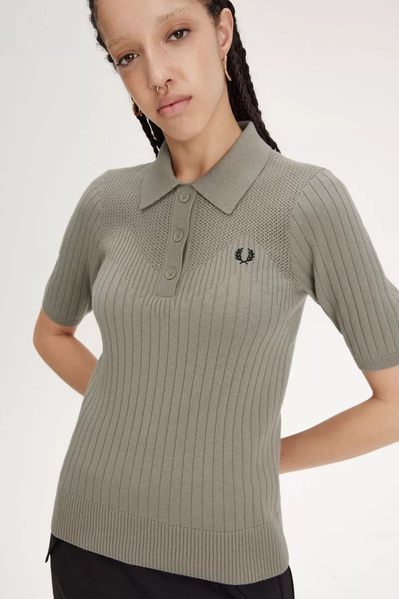 fred perry damen-strickhemd mit pointelle-details warmgrau