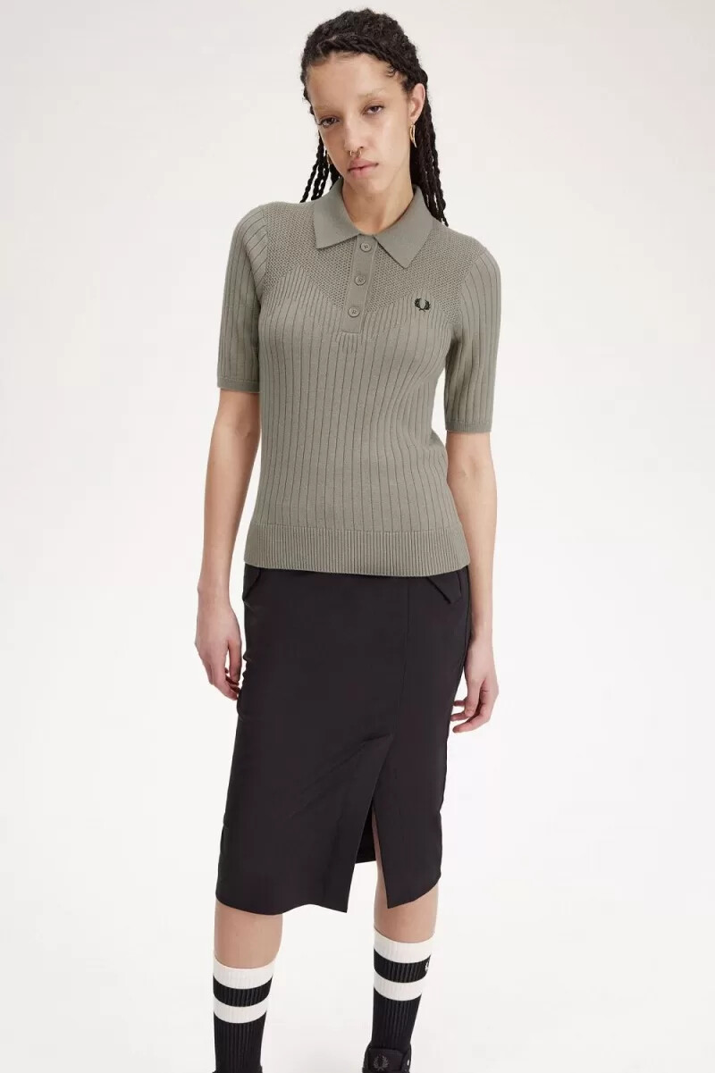 fred perry damen-strickhemd mit pointelle-details warmgrau