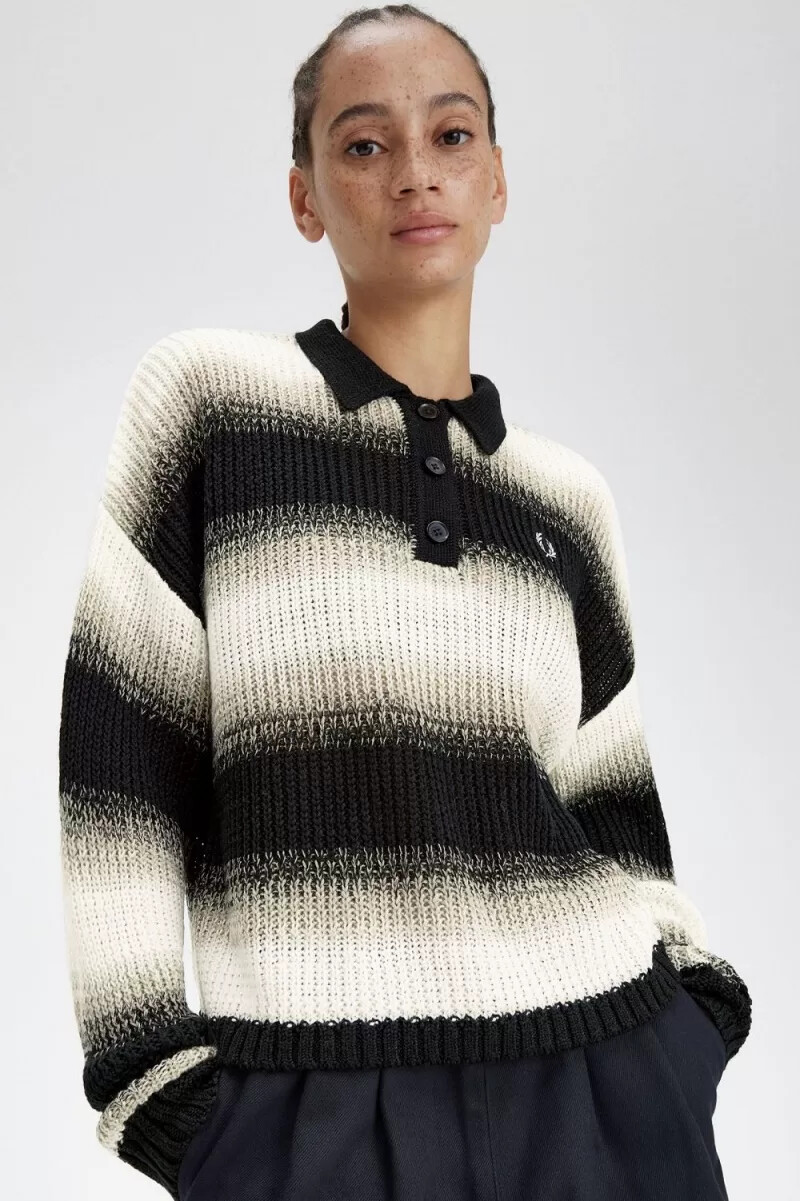fred perry gestreiftes offen gestricktes damenhemd schwarz