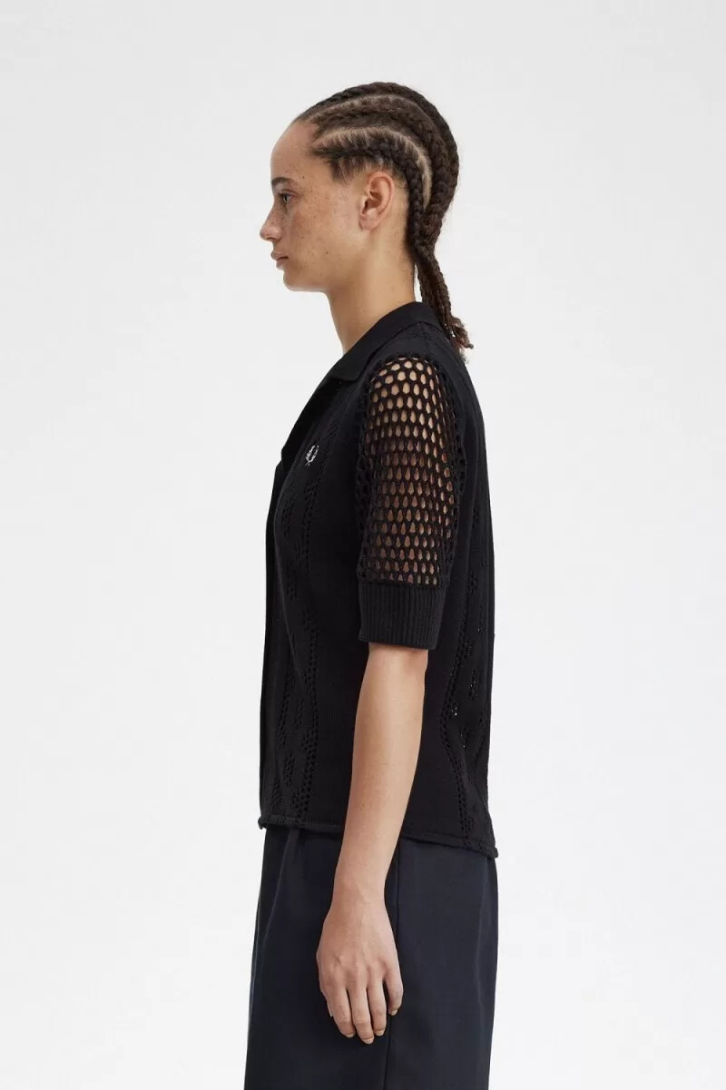 fred perry damenbluse mit offener stricknaht und knopfleiste schwarz