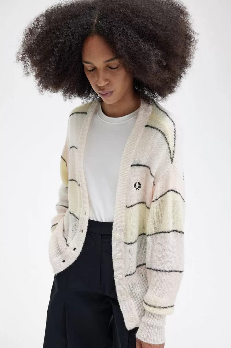 fred perry gestreifter offener strickcardigan für damen farbe silky peach