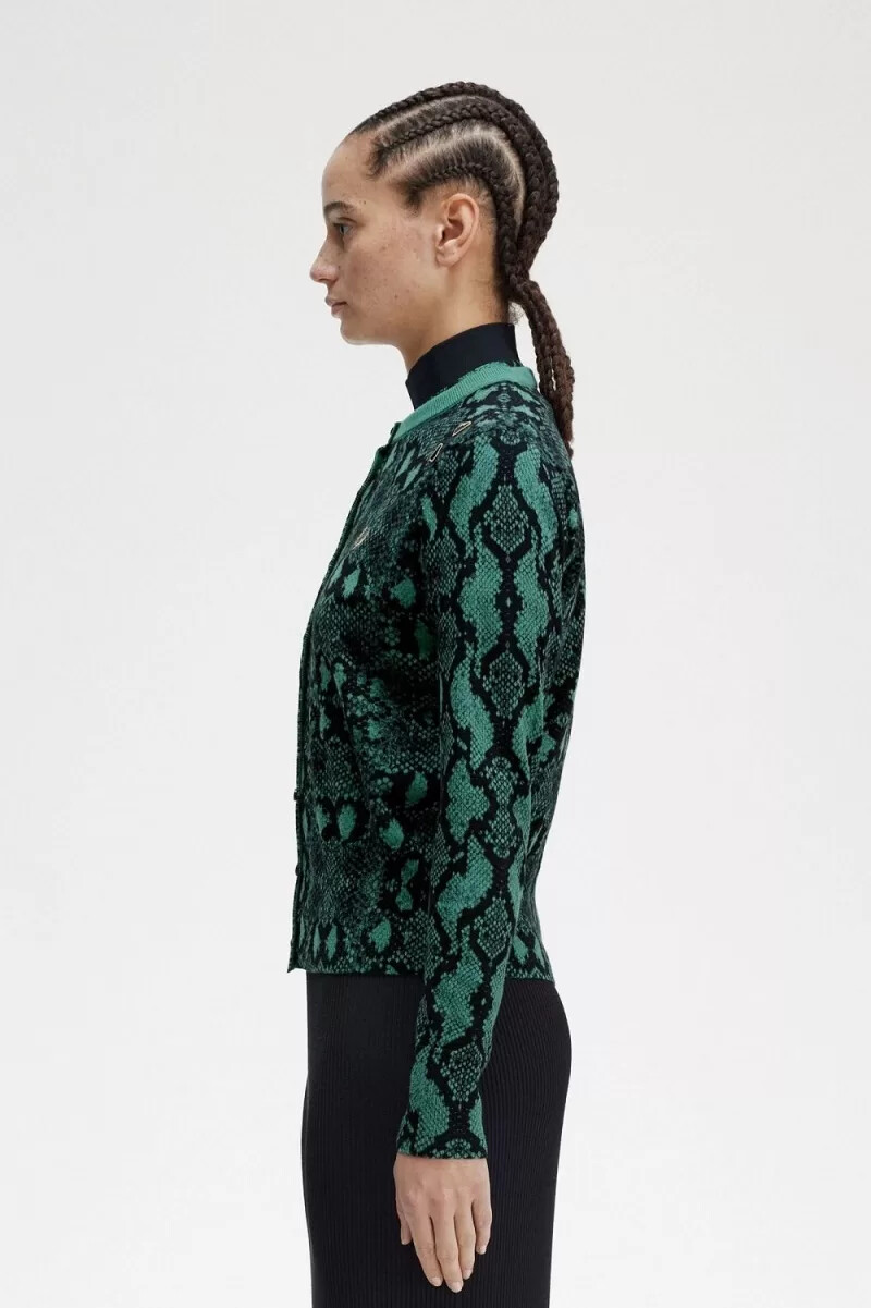 fred perry damen-cardigan mit schlangenmuster tiefes mintgrün