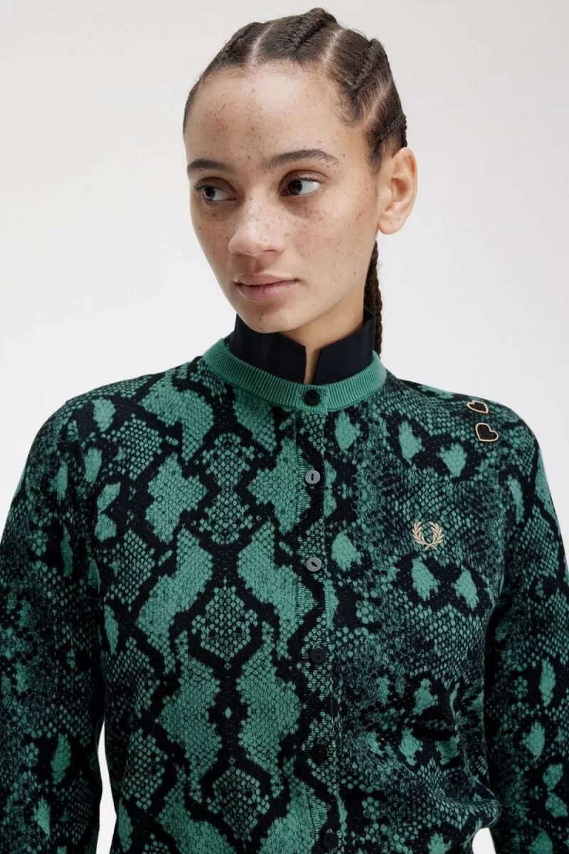 fred perry damen-cardigan mit schlangenmuster tiefes mintgrün