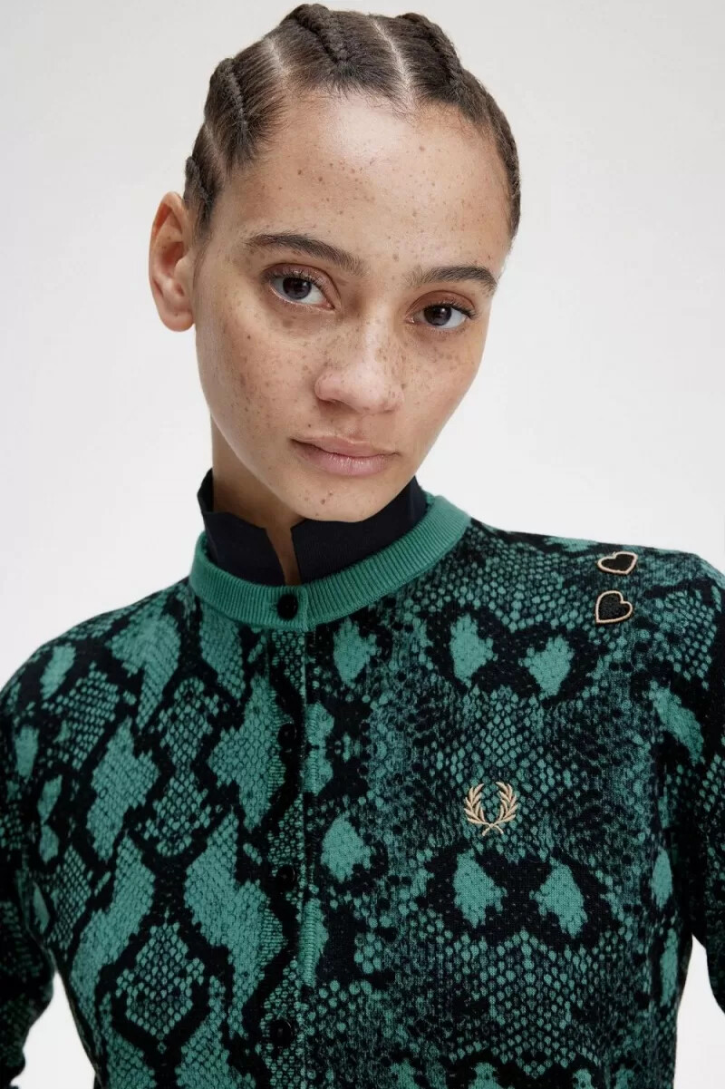 fred perry damen-cardigan mit schlangenmuster tiefes mintgrün