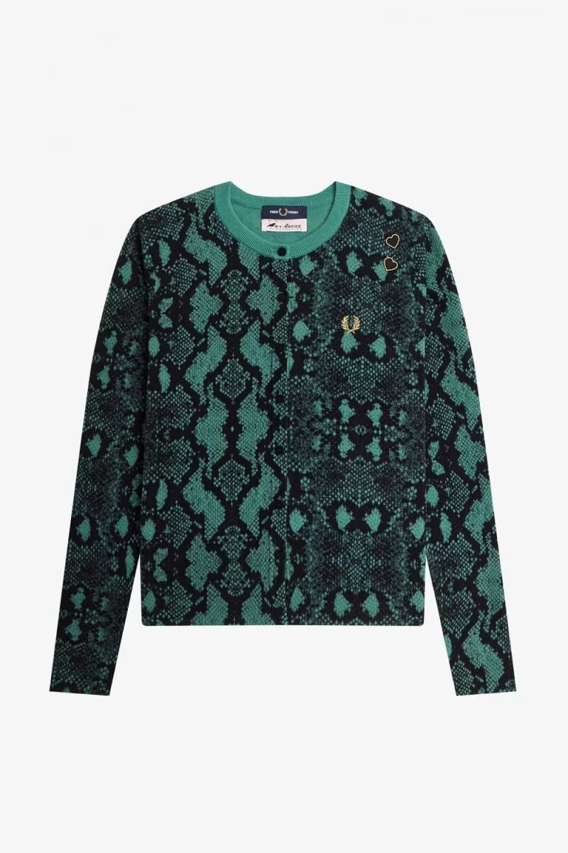 fred perry damen-cardigan mit schlangenmuster tiefes mintgrün