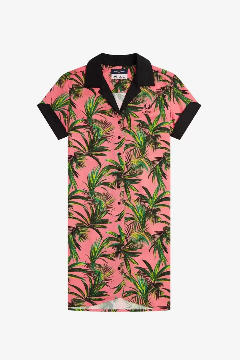 fred perry damenkleid mit palmenprint korallenrot