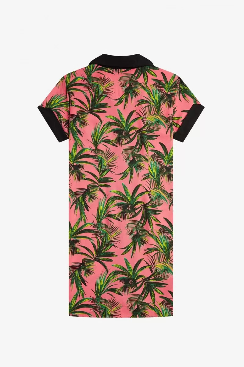 fred perry damenkleid mit palmenprint korallenrot