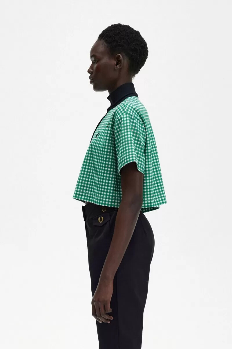 fred perry cropped gingham piqué damen-poloshirt grün