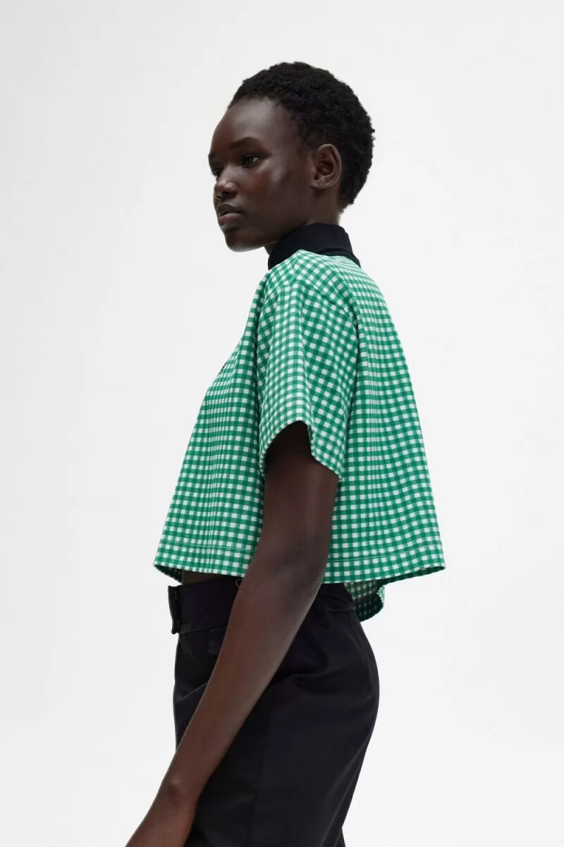fred perry cropped gingham piqué damen-poloshirt grün