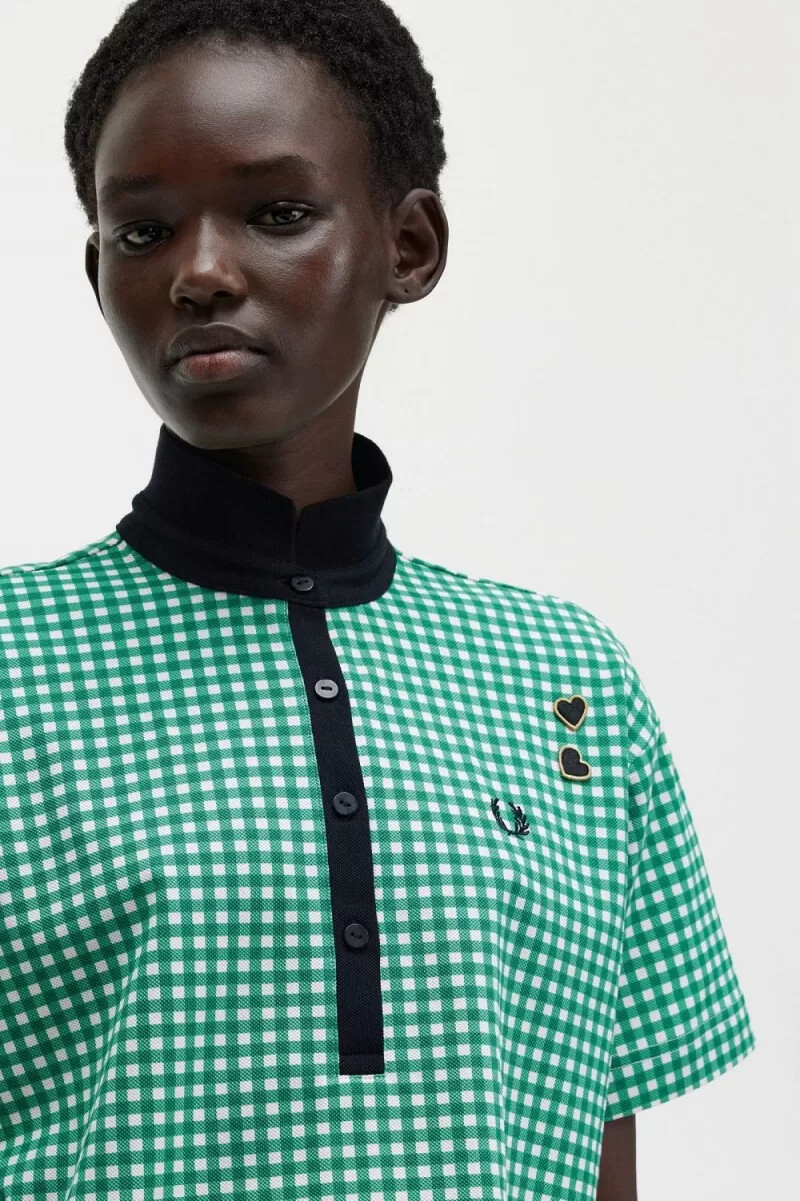 fred perry cropped gingham piqué damen-poloshirt grün