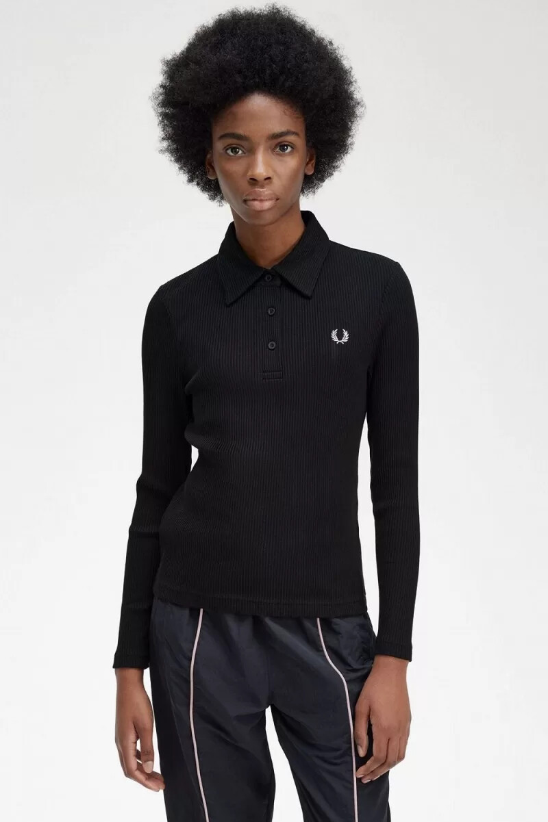 fred perry langarm-poloshirt für damen gerippt schwarz
