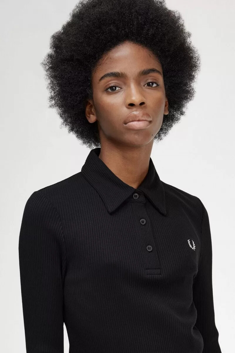 fred perry langarm-poloshirt für damen gerippt schwarz