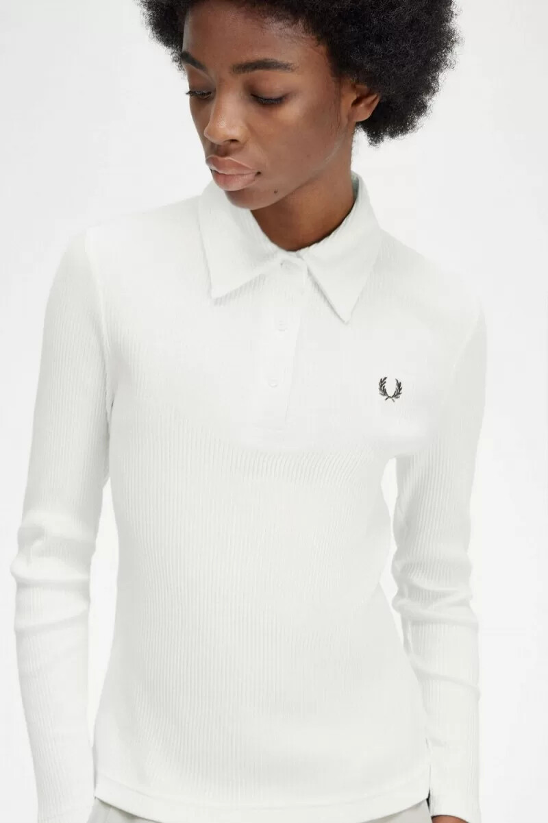 fred perry langarm-poloshirt für damen gerippt schneeweiß