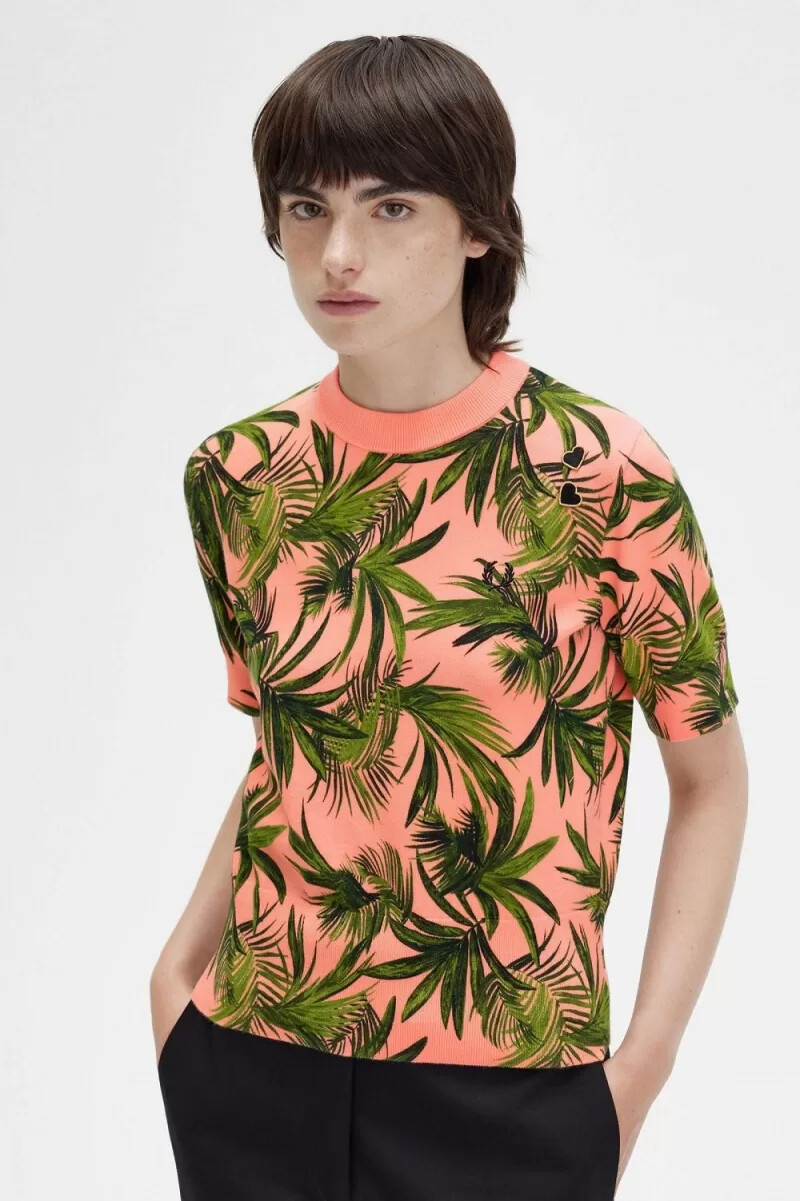 fred perry damenpullover mit palmenmuster korallenrot