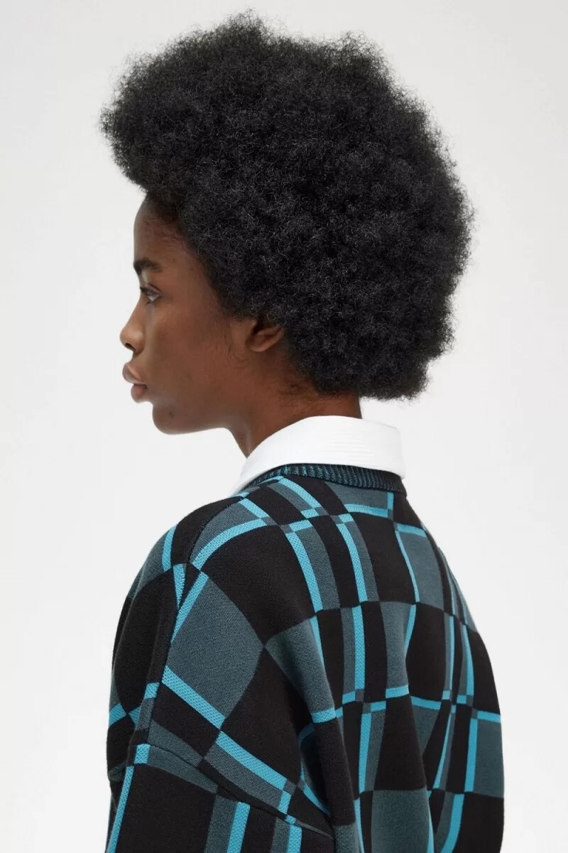 fred perry damenpullover mit schachbrettmuster cyberblau