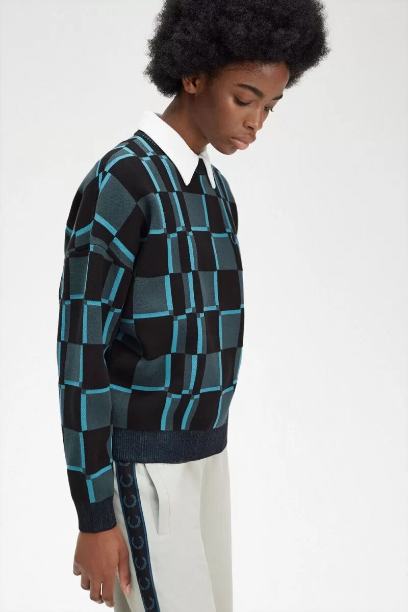 fred perry damenpullover mit schachbrettmuster cyberblau