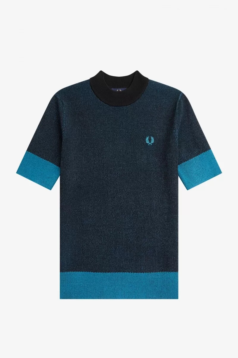 fred perry kurzarmpullover mit kontrastrippen für damen schwarz