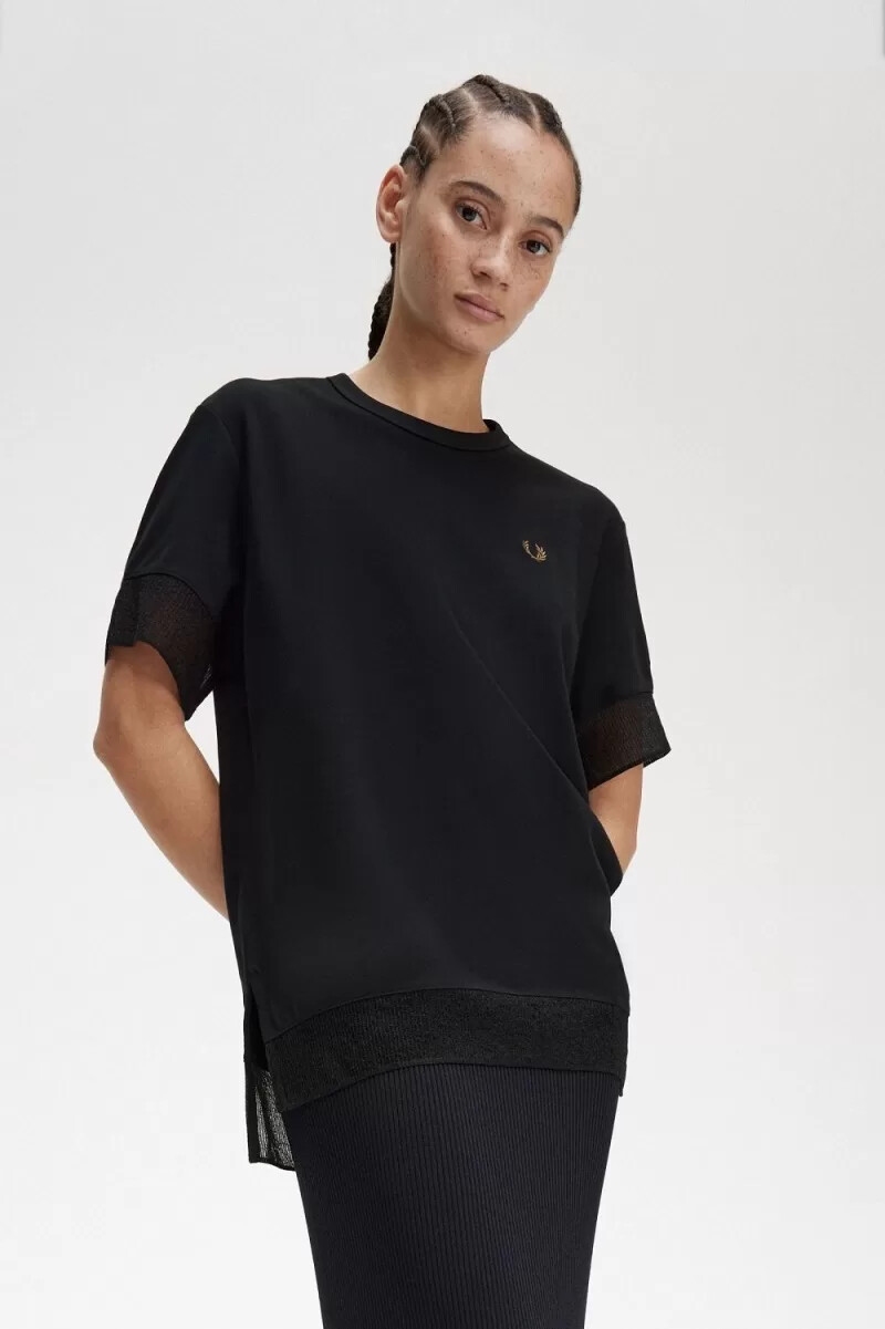 fred perry damen-t-shirt mit transparentem piqué-einsatz schwarz