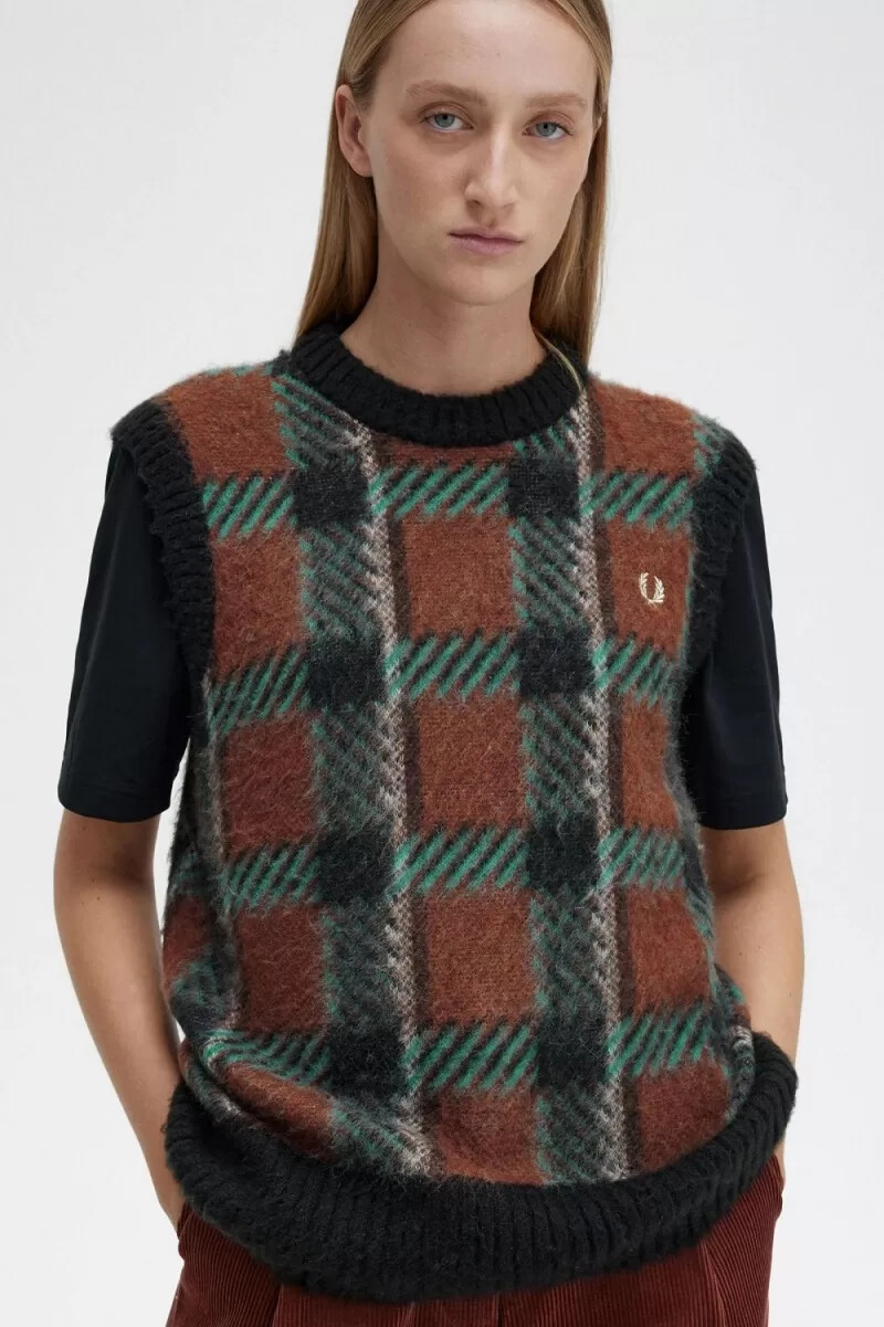 fred perry glitch tartan stricktop für damen whiskybraun