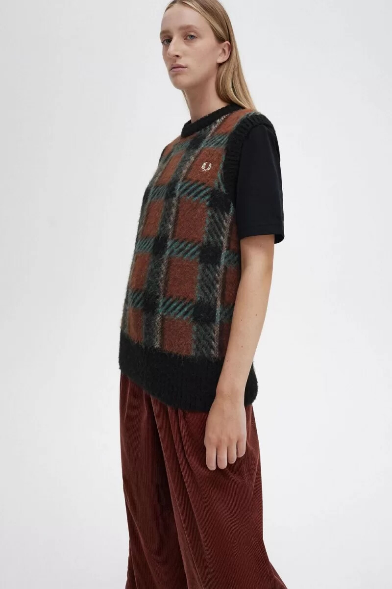 fred perry glitch tartan stricktop für damen whiskybraun