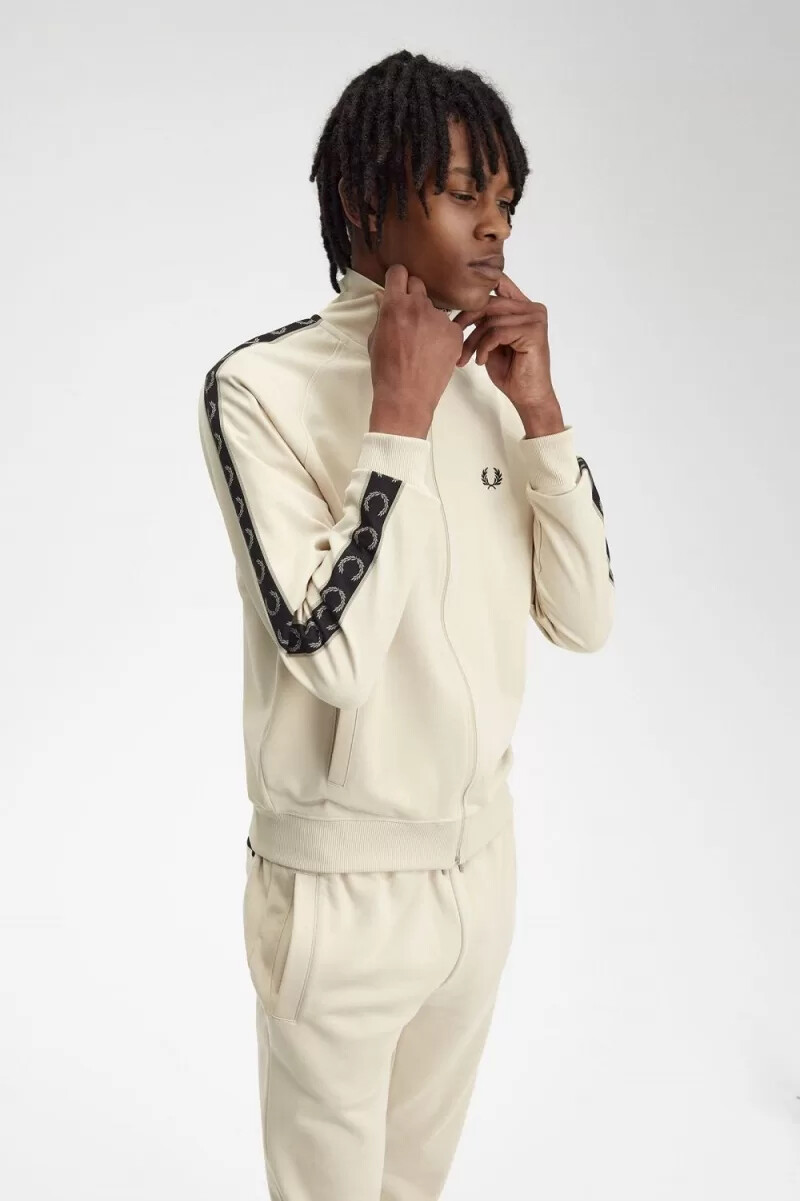 fred perry trainingsjacke für herren mit kontrastband farbe haferflocken-warmgrau