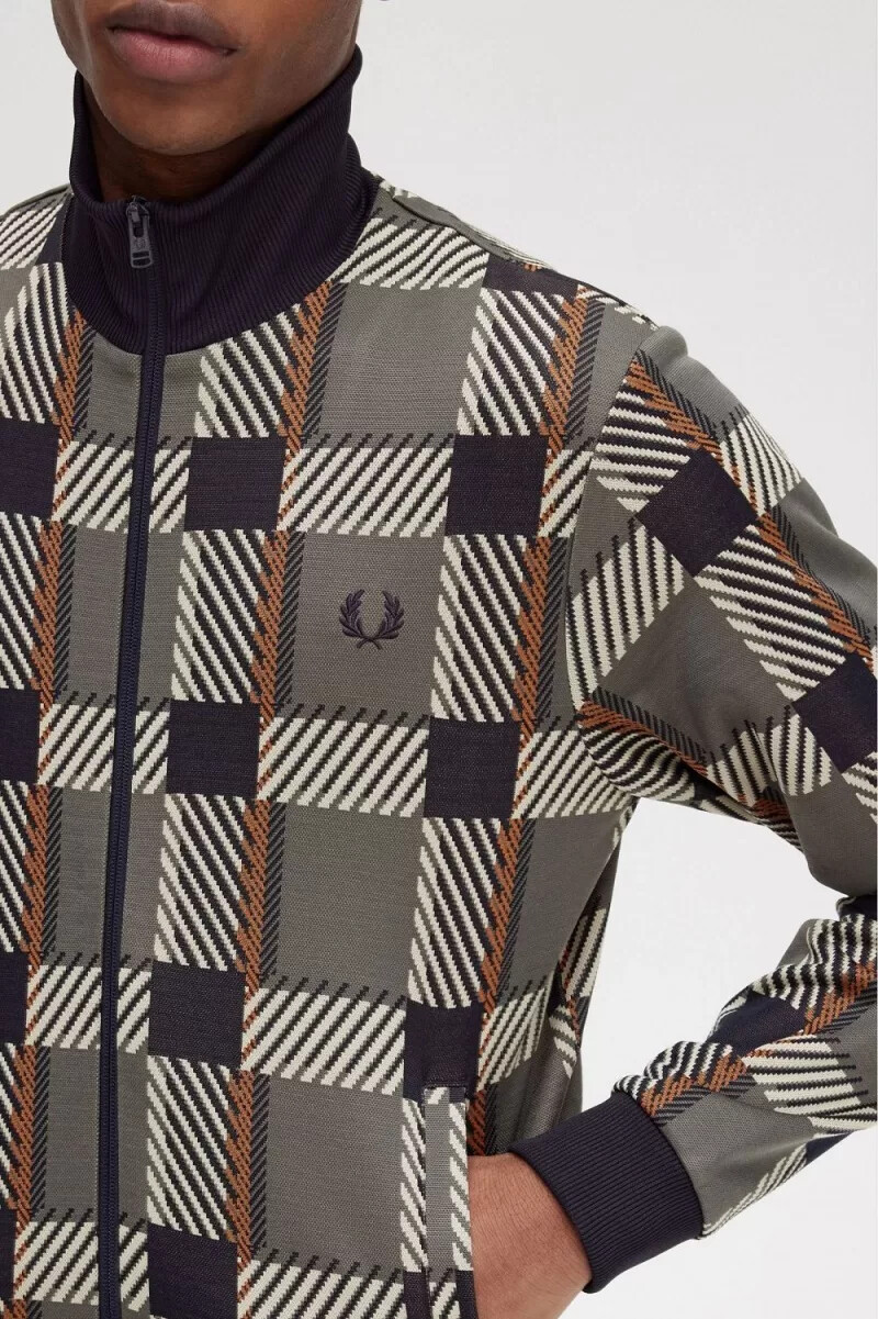 fred perry glitch tartan herren-trainingsjacke feldgrün