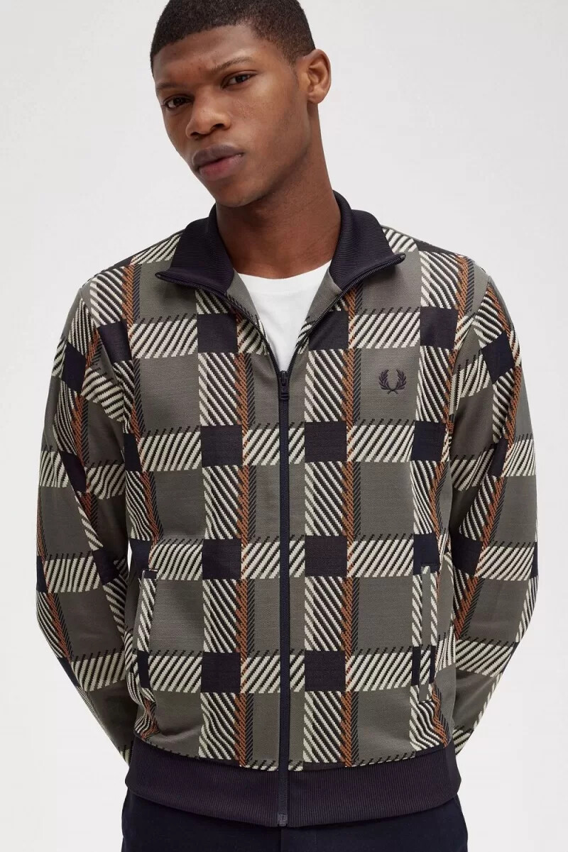 fred perry glitch tartan herren-trainingsjacke feldgrün