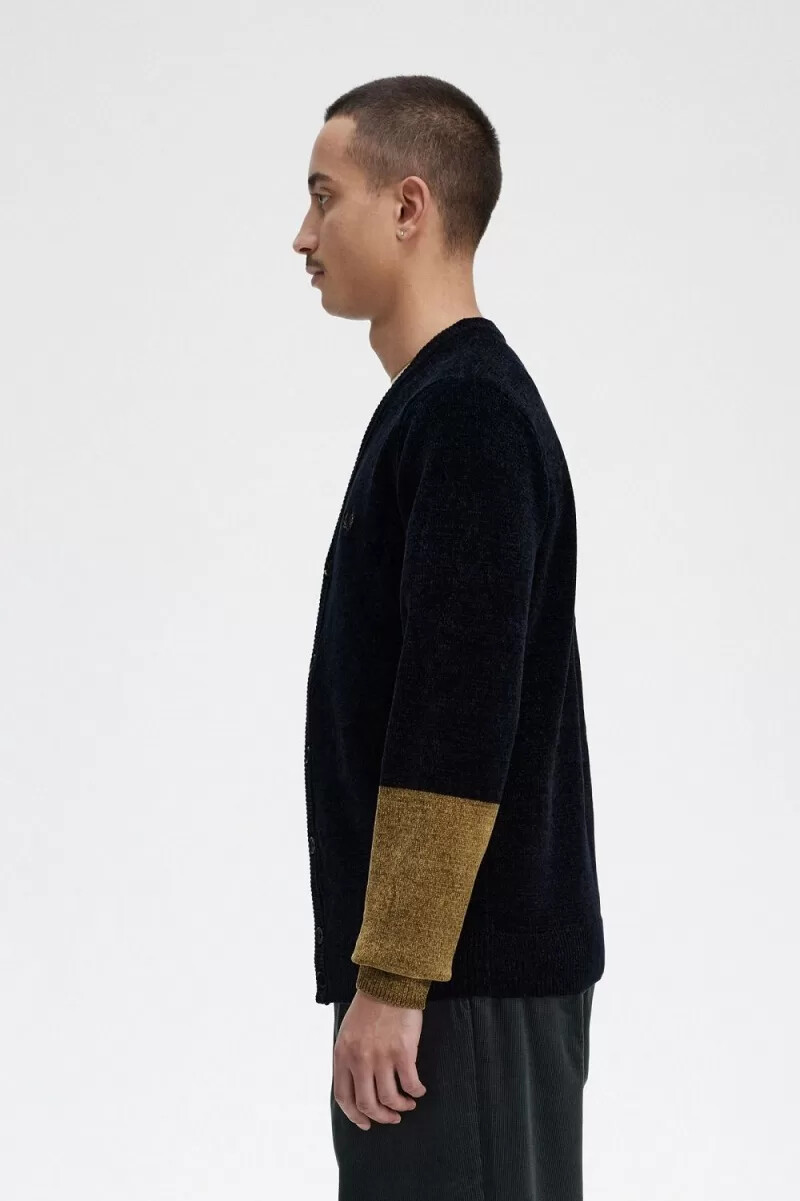 fred perry herren-cardigan aus chenille mit farbblockmuster schwarz
