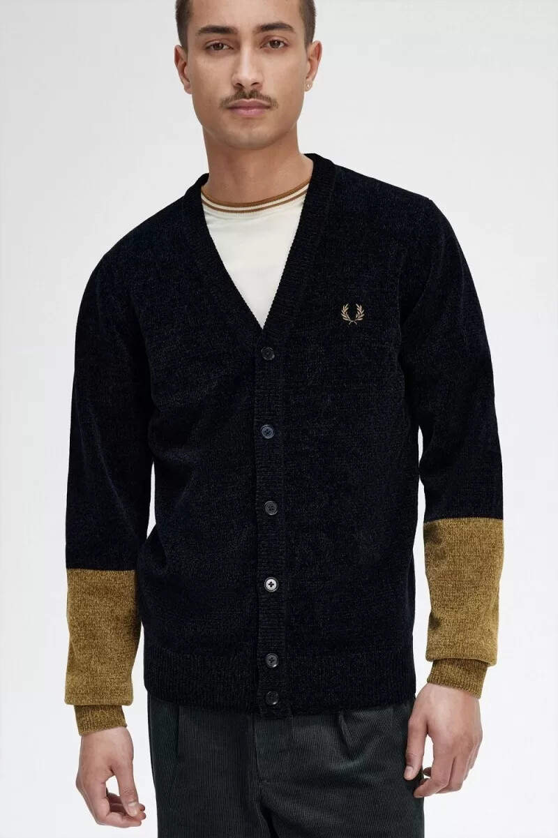 fred perry herren-cardigan aus chenille mit farbblockmuster schwarz