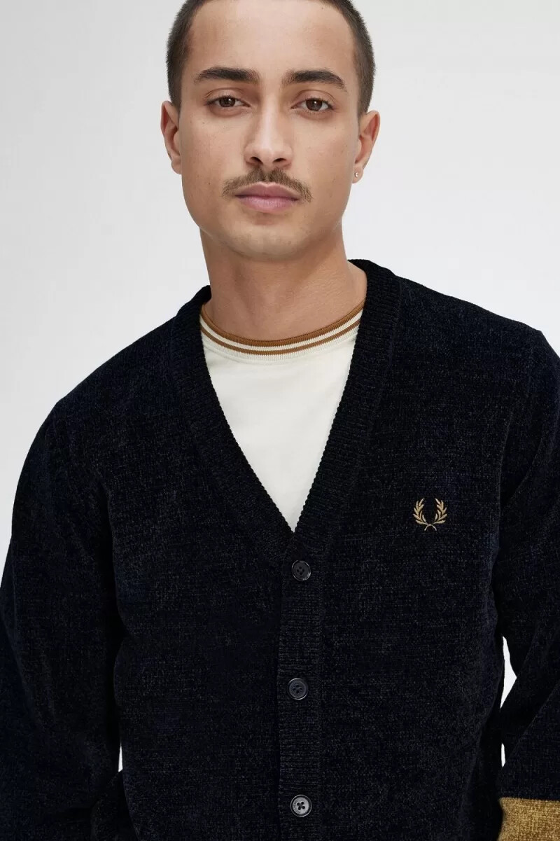 fred perry herren-cardigan aus chenille mit farbblockmuster schwarz