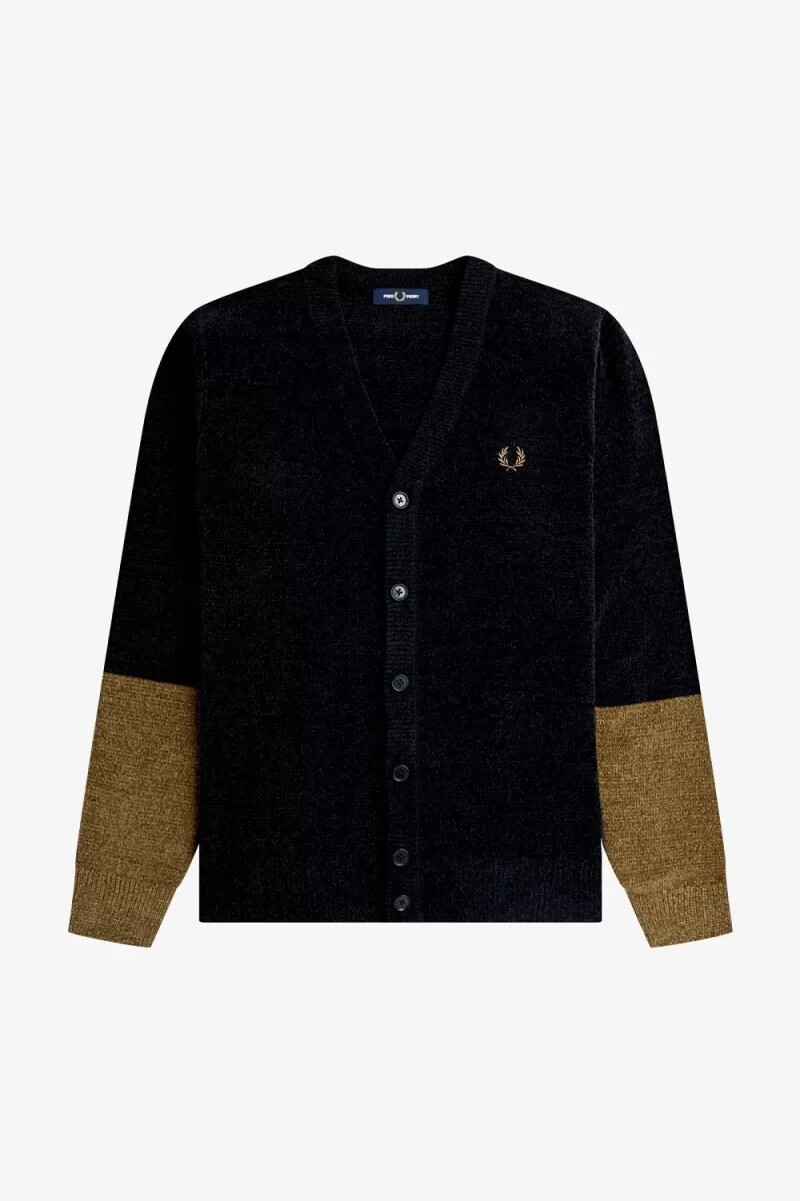 fred perry herren-cardigan aus chenille mit farbblockmuster schwarz