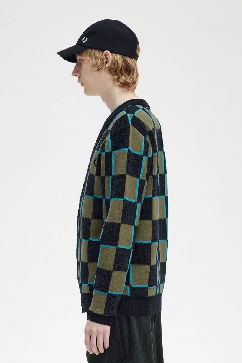 fred perry glitch schachbrettmuster herren-cardigan uniform grün schwarz