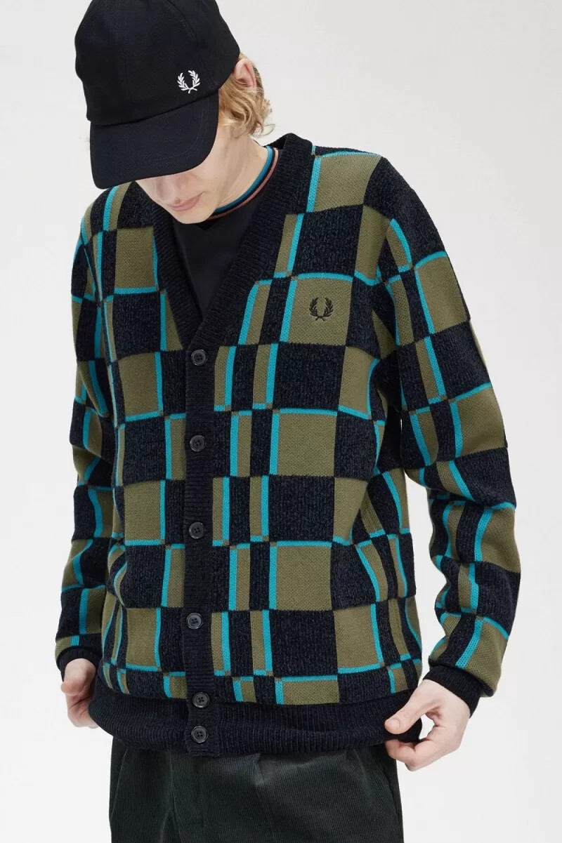 fred perry glitch schachbrettmuster herren-cardigan uniform grün schwarz