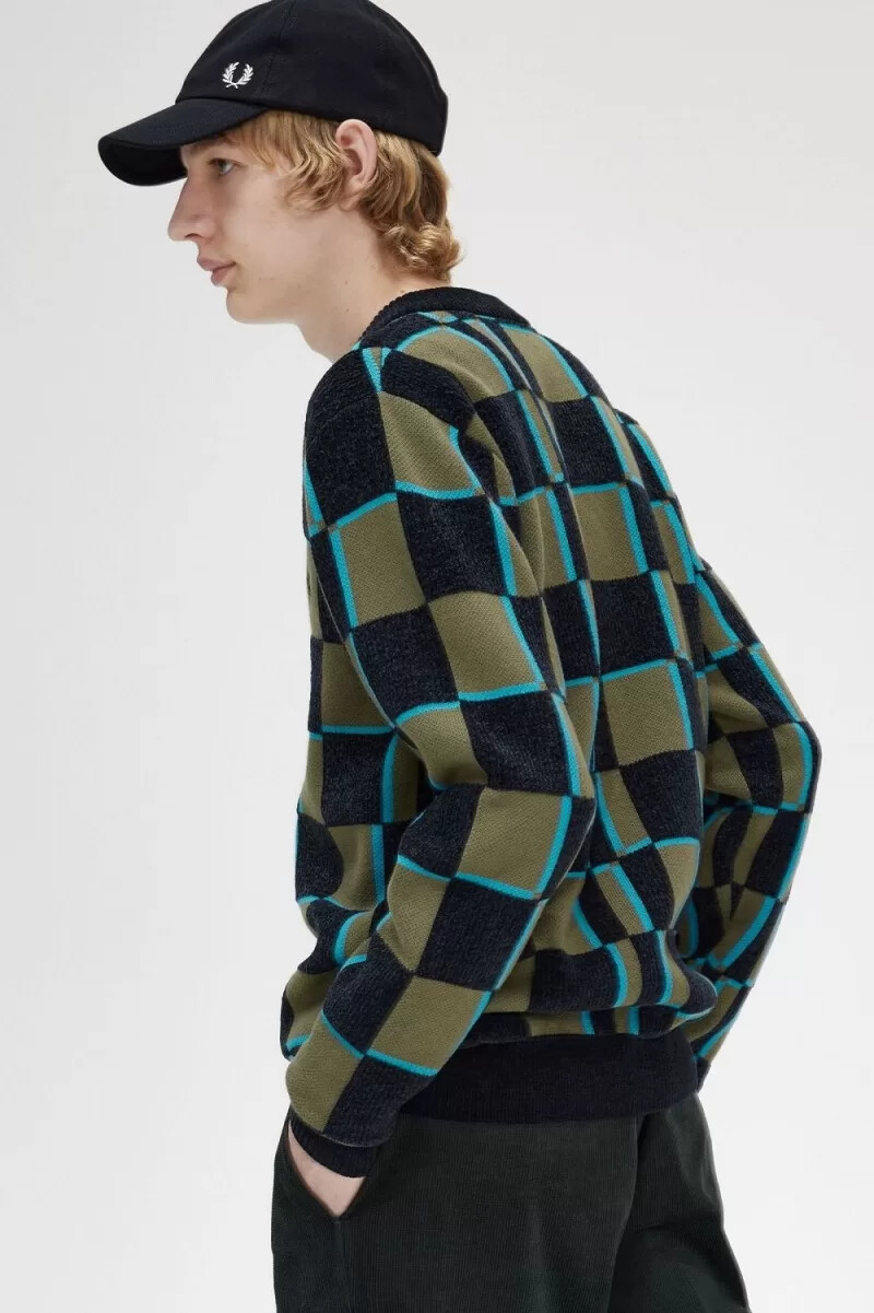 fred perry glitch schachbrettmuster herren-cardigan uniform grün schwarz