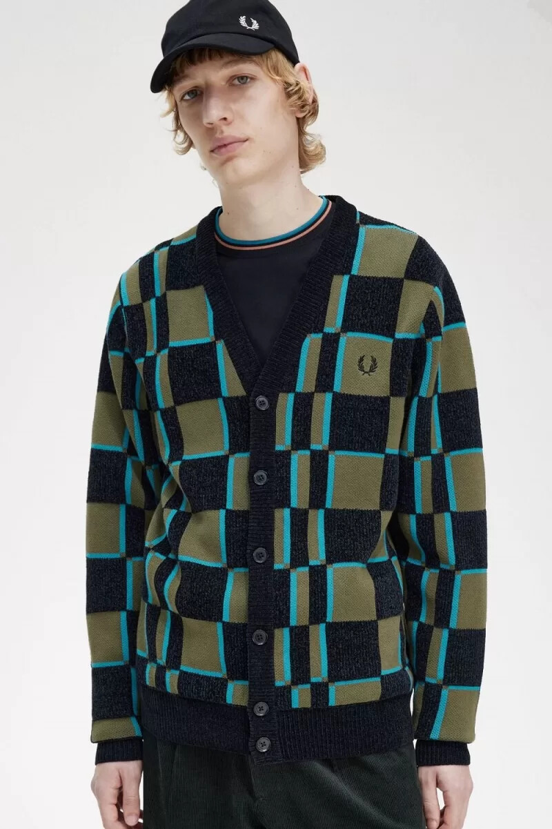 fred perry glitch schachbrettmuster herren-cardigan uniform grün schwarz