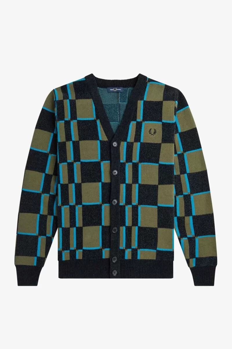 fred perry glitch schachbrettmuster herren-cardigan uniform grün schwarz