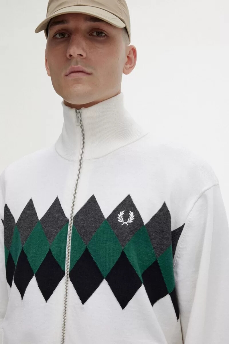 fred perry herren-cardigan mit diamant-intarsienmuster schneeweiß