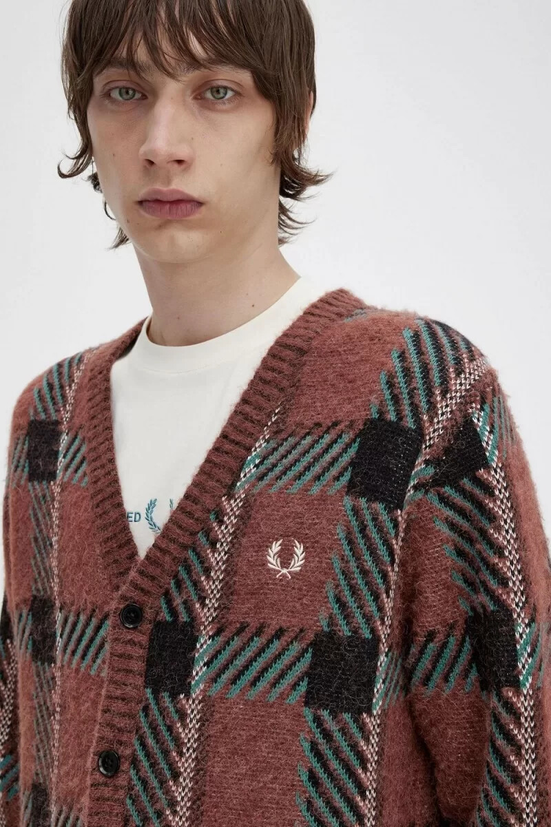 fred perry glitch tartan herren-cardigan whiskybraun