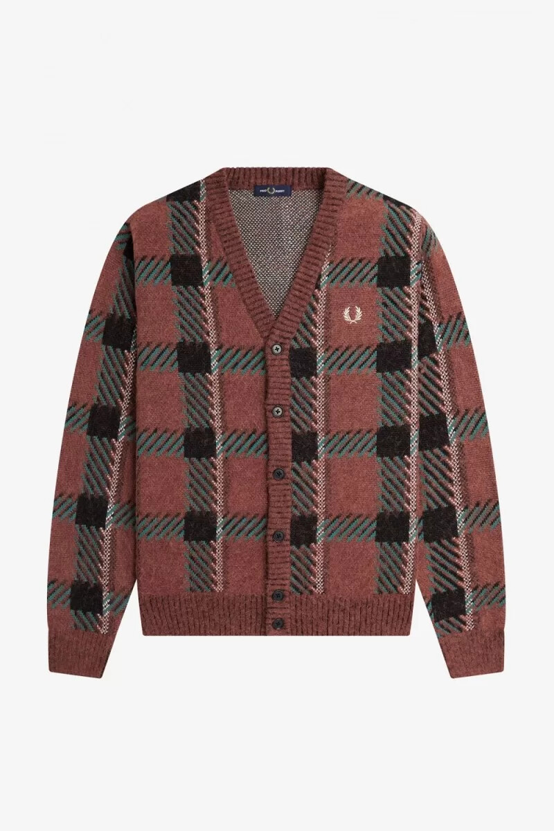 fred perry glitch tartan herren-cardigan whiskybraun