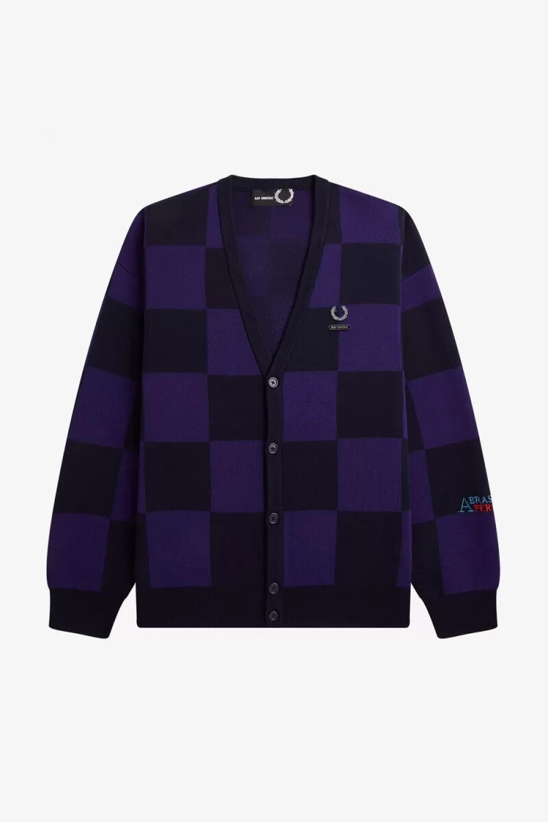 fred perry herren-cardigan mit schachbrettmuster marineblau