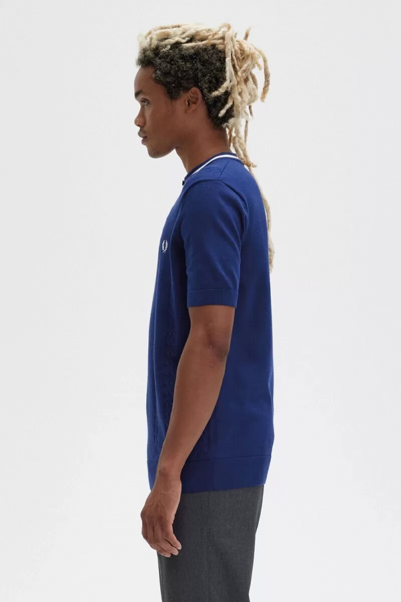 fred perry herrenhemd mit zopfmuster und henley-laufband französischblau