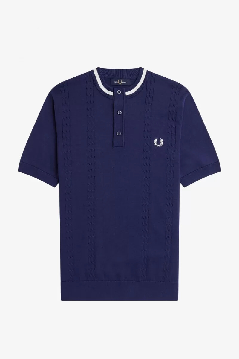fred perry herrenhemd mit zopfmuster und henley-laufband französischblau