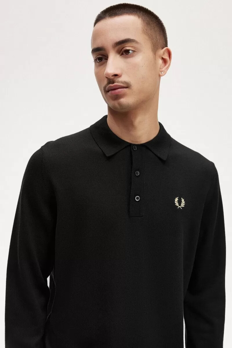 fred perry langarm-strickhemd für herren schwarz