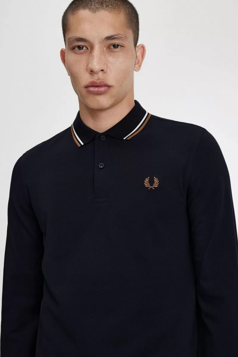 fred perry m3636 herrenhemd marineblau schneeweiß braun