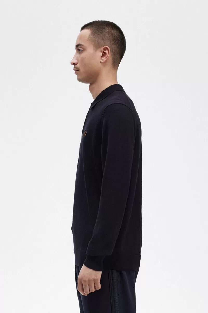 fred perry langarm-strickhemd für herren marineblau