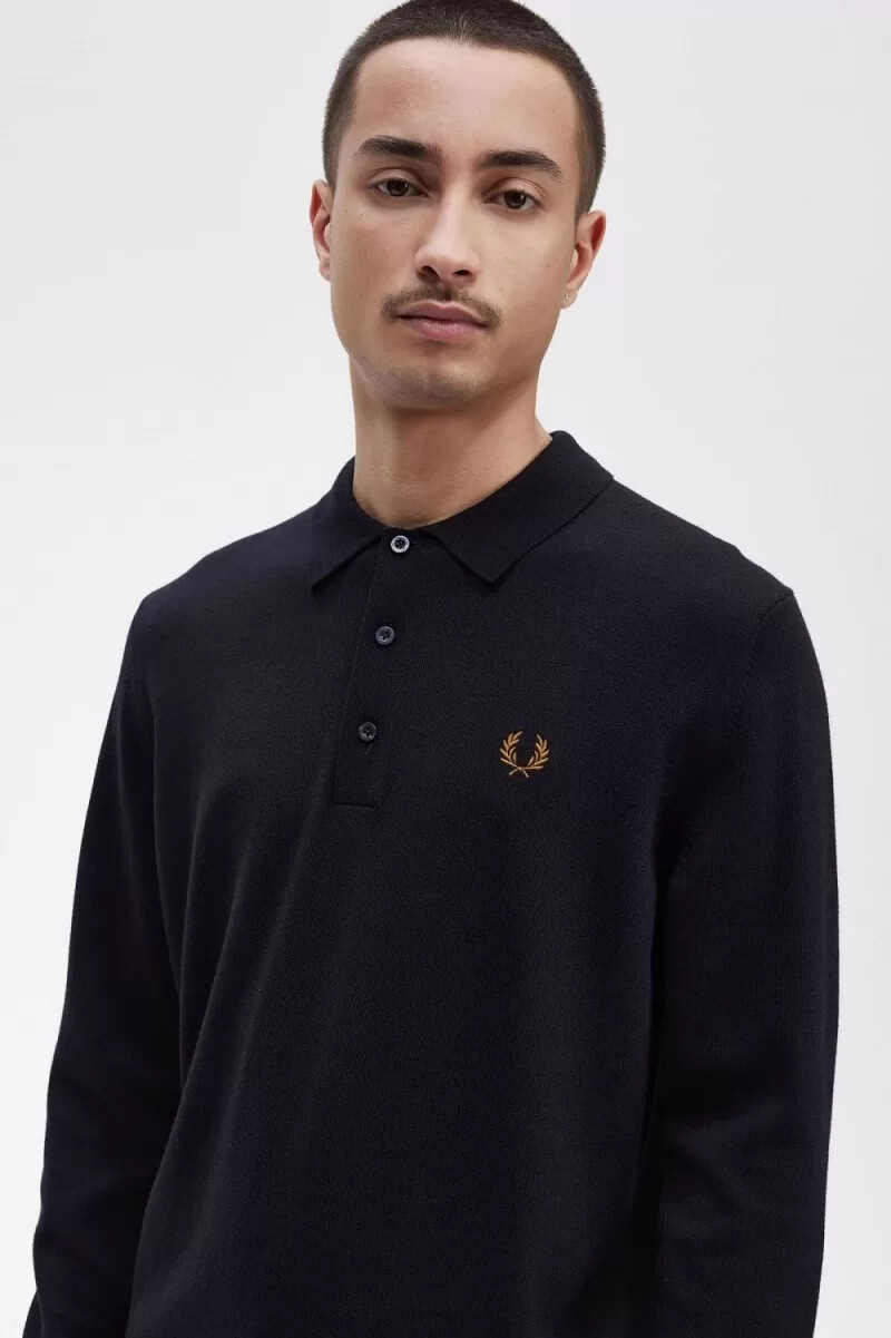 fred perry langarm-strickhemd für herren marineblau