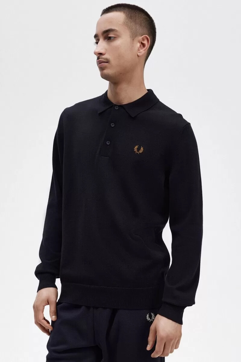 fred perry langarm-strickhemd für herren marineblau