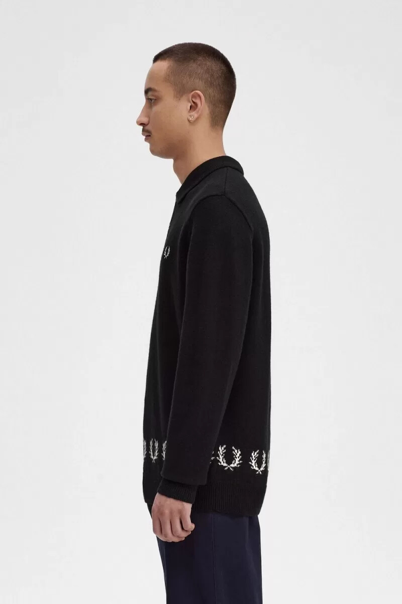 fred perry strickhemd für herren mit lorbeerkranz-verzierung schwarz