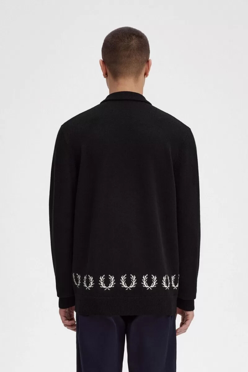 fred perry strickhemd für herren mit lorbeerkranz-verzierung schwarz